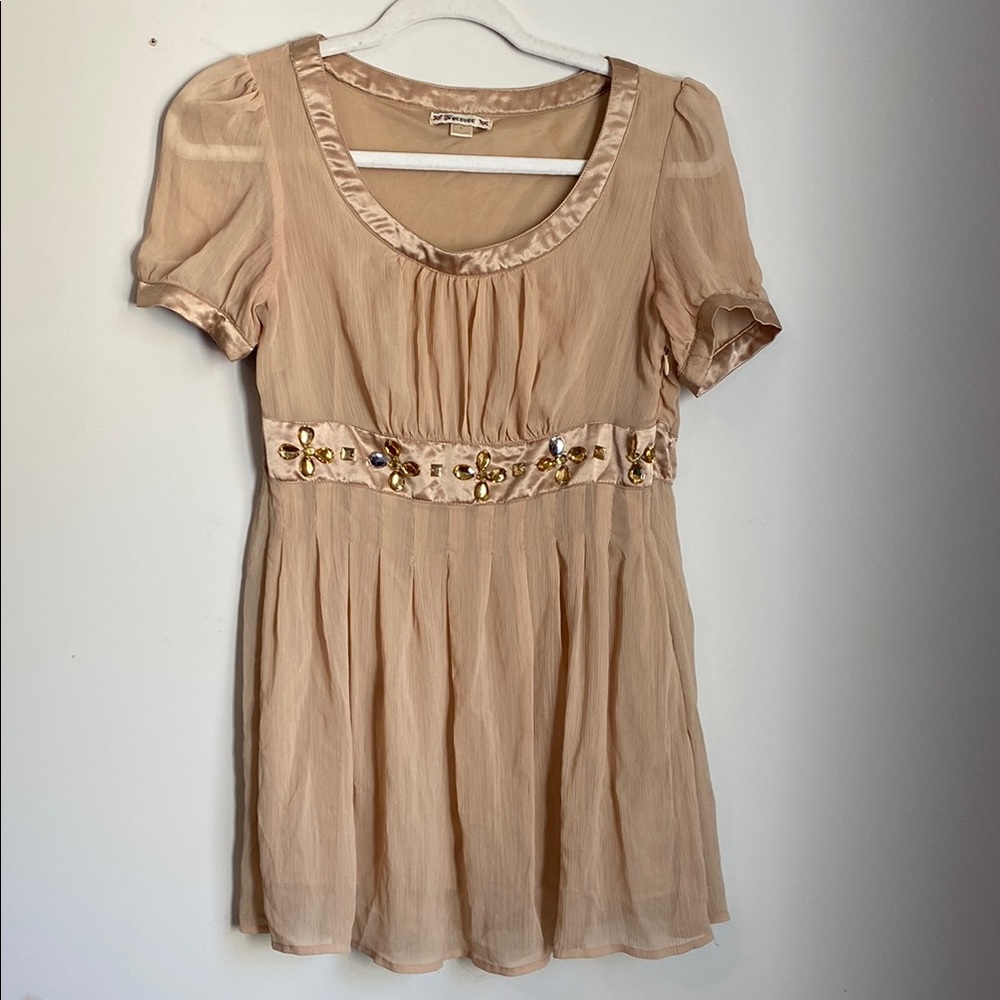 Tan Champagne Puff Sleeve Embellished Babydoll Top Dress